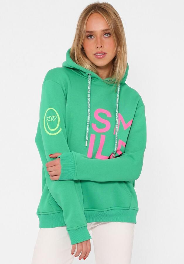 Zwillingsherz Hoodie Alissa Lange mouw capuchon neon-details trekkoord print aan de voorkant kangoeroezak - Foto 5