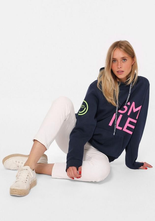 Zwillingsherz Hoodie Alissa Lange mouw capuchon neon-details trekkoord print aan de voorkant kangoeroezak - Foto 5