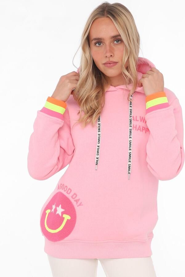 Zwillingsherz Hoodie Always Happy Smiley van badstof neon-details capuchon lange mouw - Foto 9
