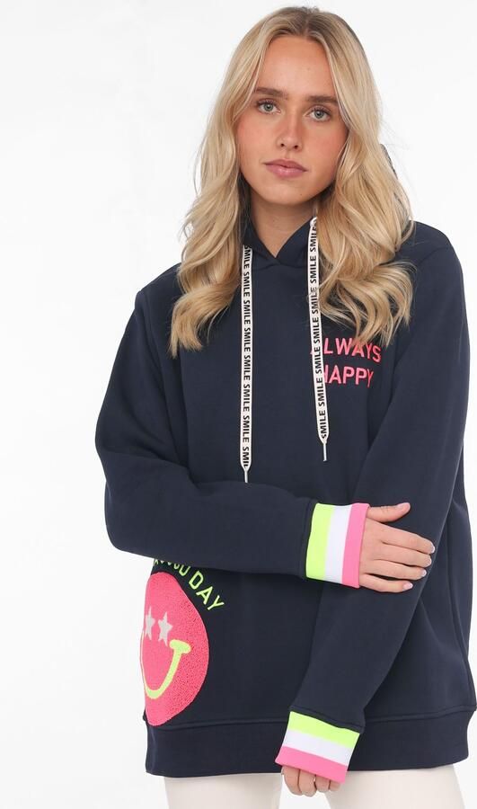 Zwillingsherz Hoodie Always Happy Smiley van badstof neon-details capuchon lange mouw - Foto 5