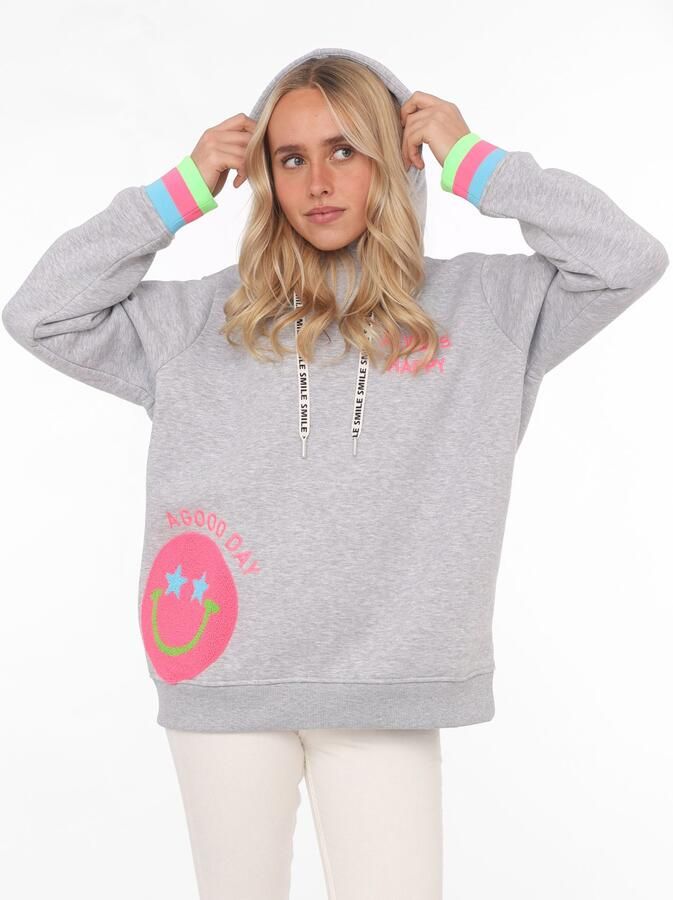 Zwillingsherz Hoodie Always Happy Smiley van badstof neon-details capuchon lange mouw - Foto 5
