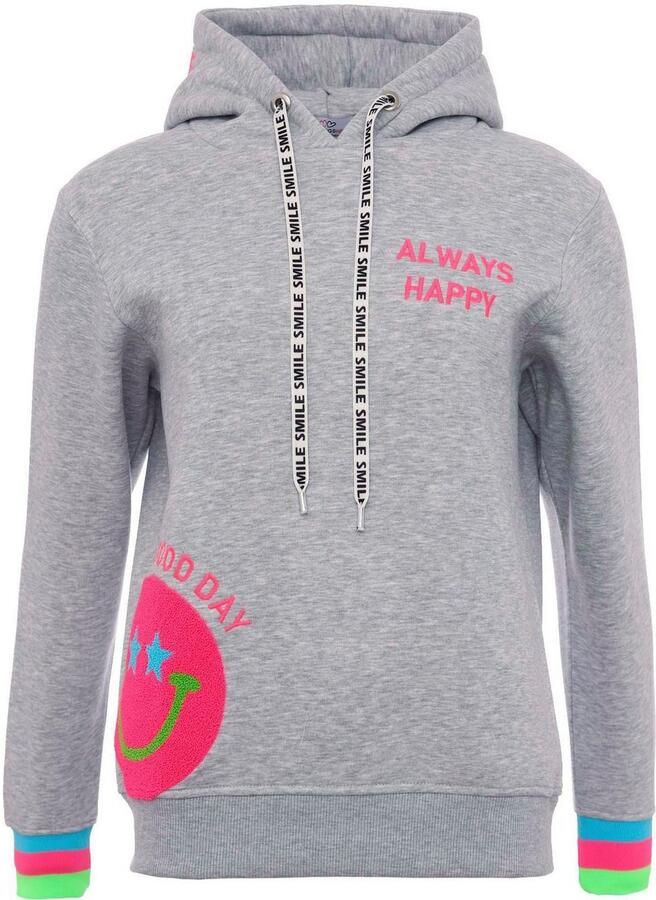 Zwillingsherz Hoodie Always Happy Smiley van badstof neon-details capuchon lange mouw - Foto 3
