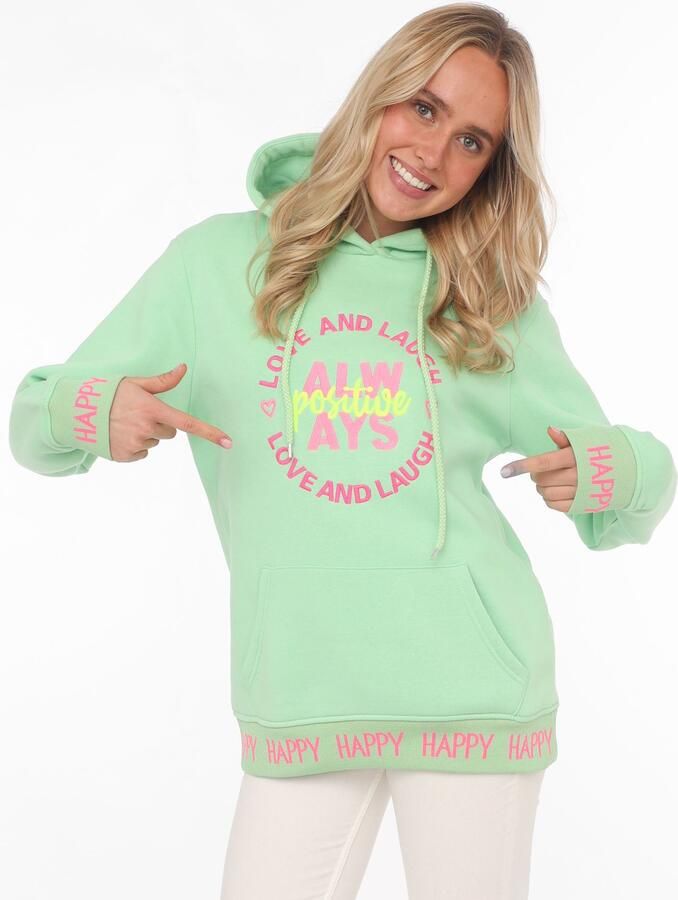 Zwillingsherz Hoodie Always Positive Capuchon borduurwerk zak aan de voorkant manchetten-belettering lange mouw - Foto 4