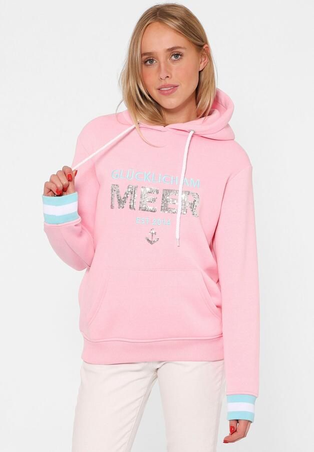 Zwillingsherz Hoodie Gelukkig aan zee met pailletten capuchon en contrasterende boorden - Foto 5