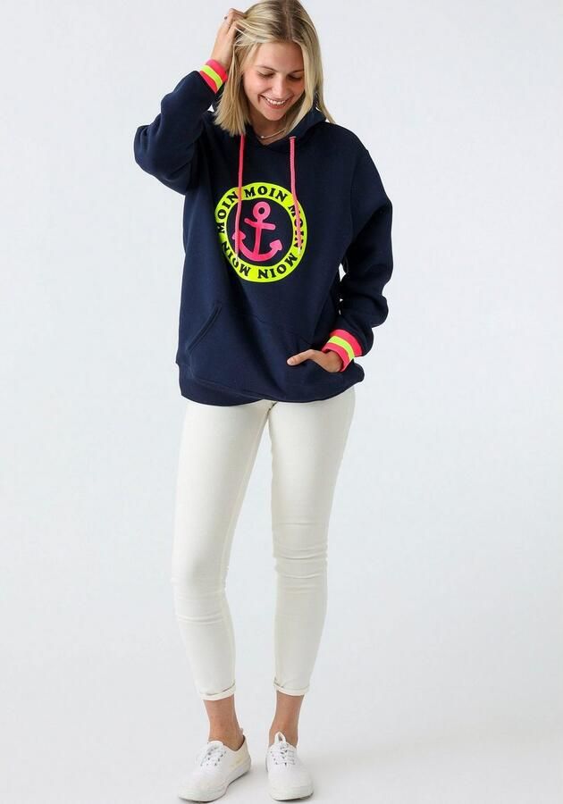 Zwillingsherz Hoodie Lange mouw capuchon neon-details trekkoord print aan de voorkant kangoeroezak - Foto 6