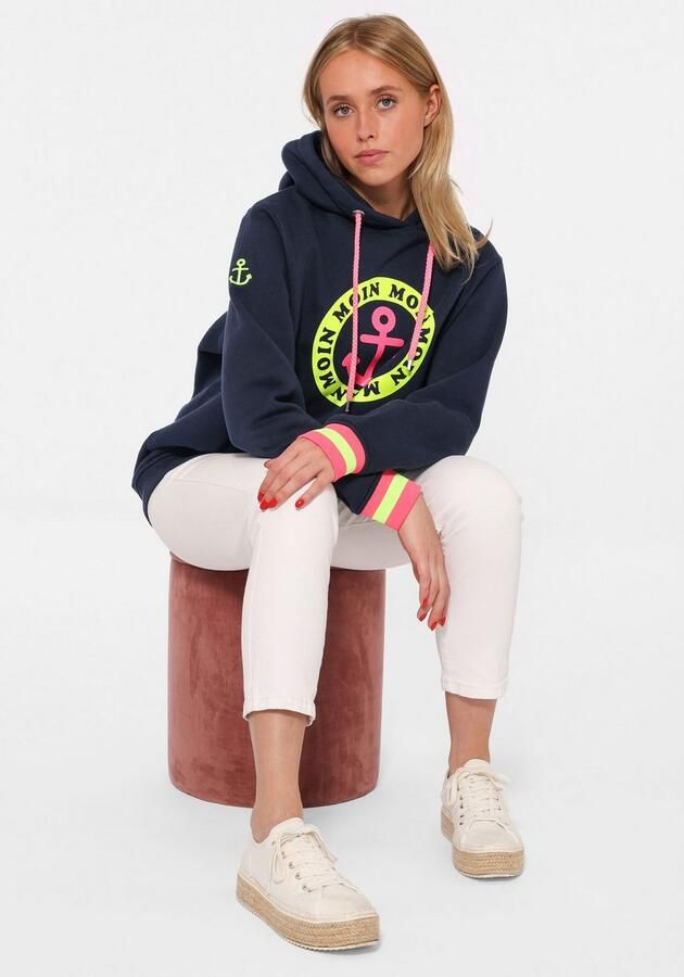 Zwillingsherz Hoodie Lange mouw capuchon neon-details trekkoord print aan de voorkant kangoeroezak - Foto 8