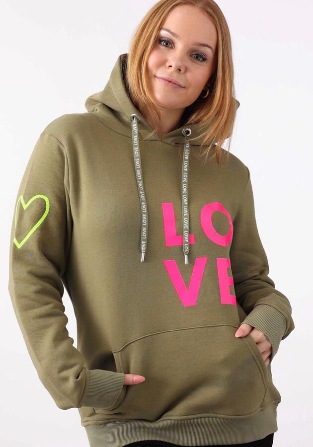 Zwillingsherz Hoodie met geborduurd neonhart op de mouw en "love"-schrift op koord - Foto 5