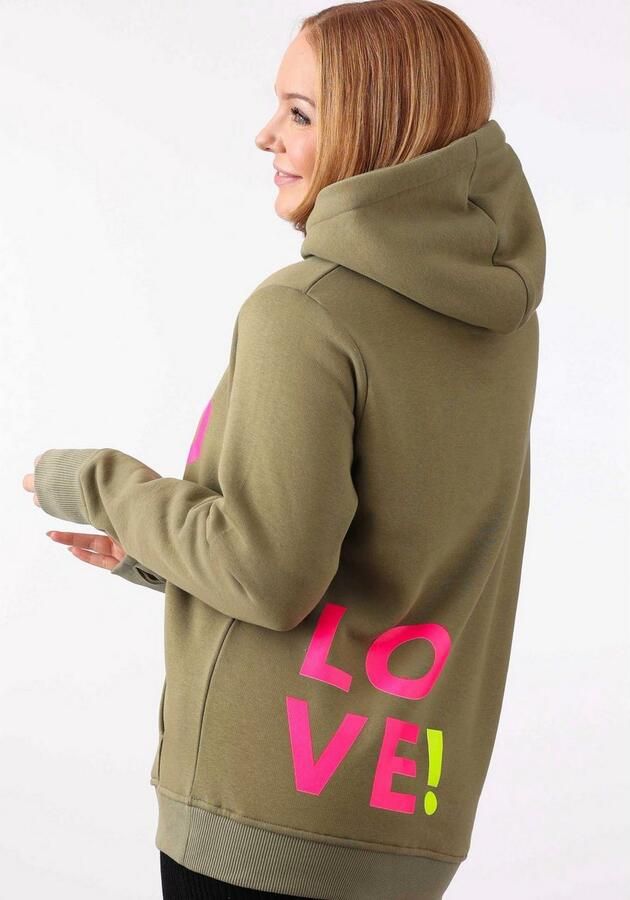 Zwillingsherz Hoodie met geborduurd neonhart op de mouw en "love"-schrift op koord - Foto 3