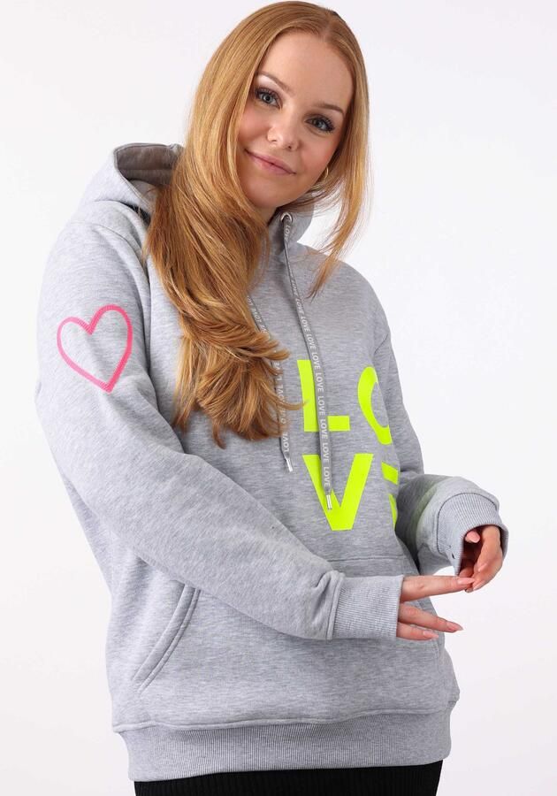 Zwillingsherz Hoodie met geborduurd neonhart op de mouw en "love"-schrift op koord - Foto 5