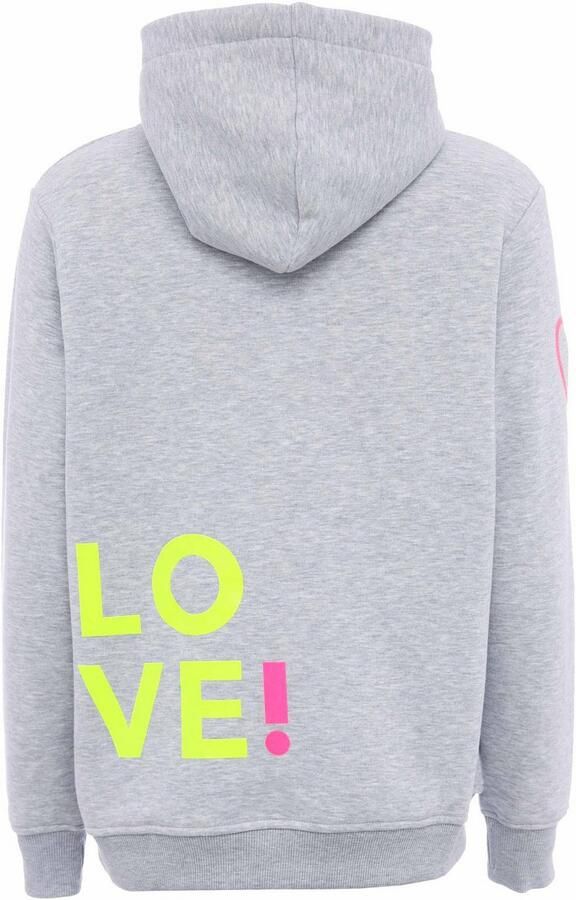 Zwillingsherz Hoodie met geborduurd neonhart op de mouw en "love"-schrift op koord - Foto 4