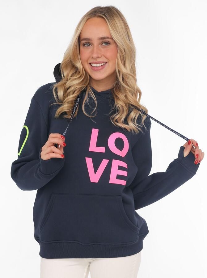 Zwillingsherz Hoodie met geborduurd neonhart op de mouw en "love"-schrift op koord - Foto 7