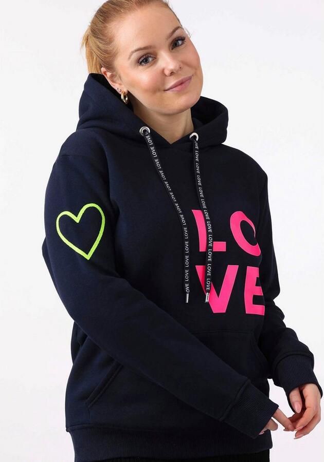 Zwillingsherz Hoodie met geborduurd neonhart op de mouw en "love"-schrift op koord - Foto 5