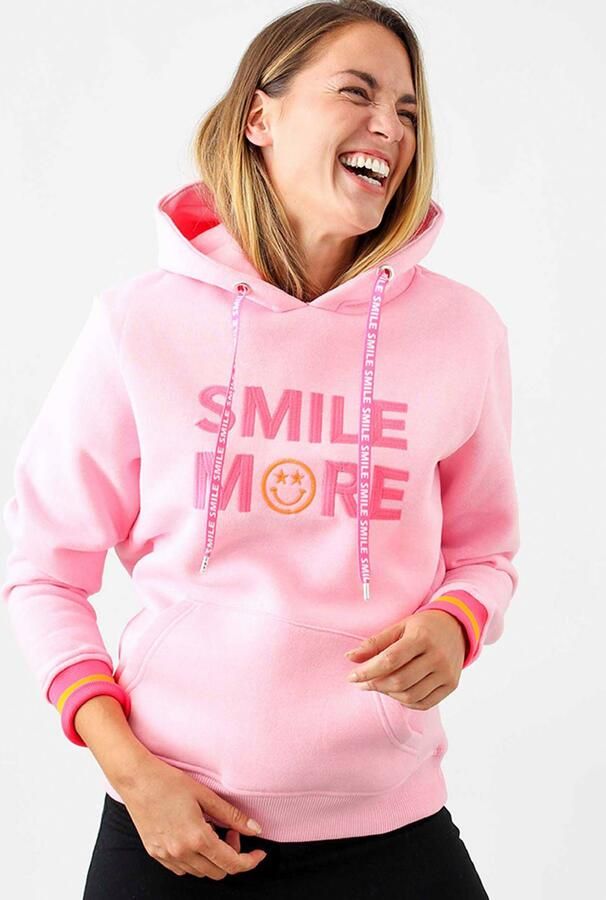 Zwillingsherz Hoodie Smile More Neonboorden capuchon lange mouwen banden met belettering kangoeroezak - Foto 4