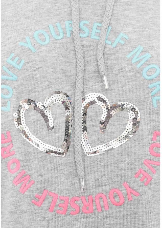 Zwillingsherz Sweatjurk Love Yourself More met capuchon zakken voor- en achtermotief en pailletten