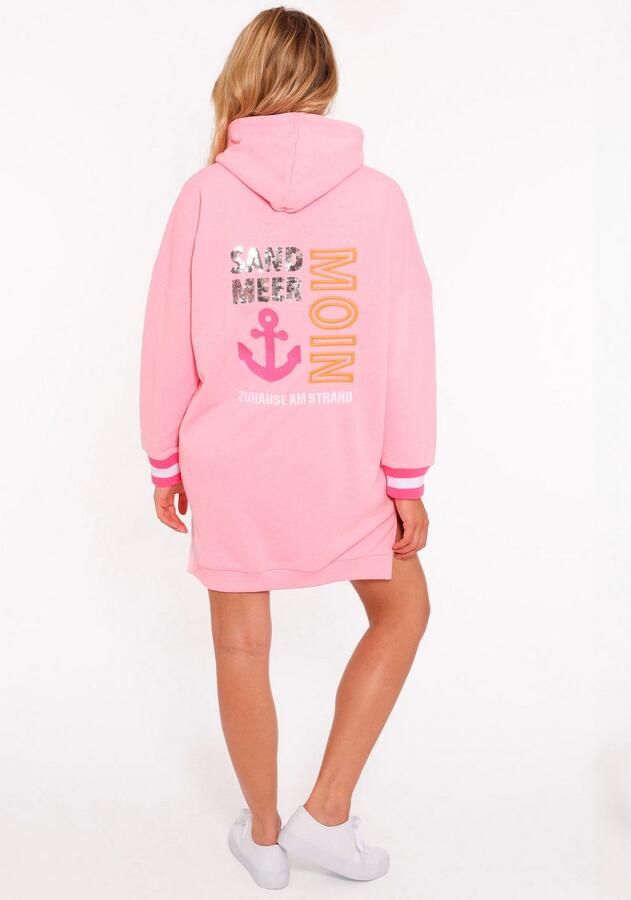 Zwillingsherz Sweatjurk Thuis aan het strand met capuchon kangoeroezak pailletten neonstrepen zijspliten - Foto 2