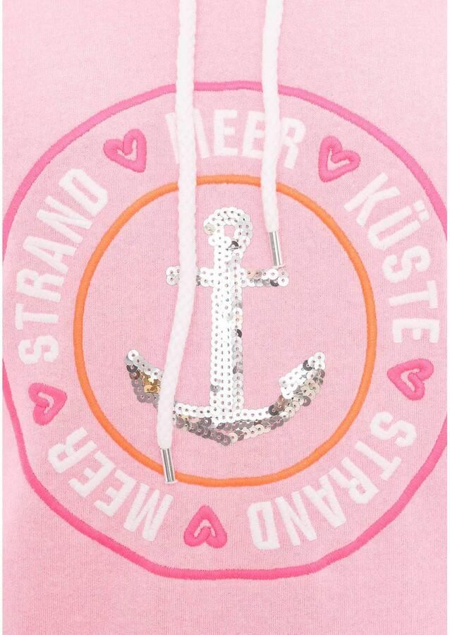 Zwillingsherz Sweatjurk Thuis aan het strand met capuchon kangoeroezak pailletten neonstrepen zijspliten