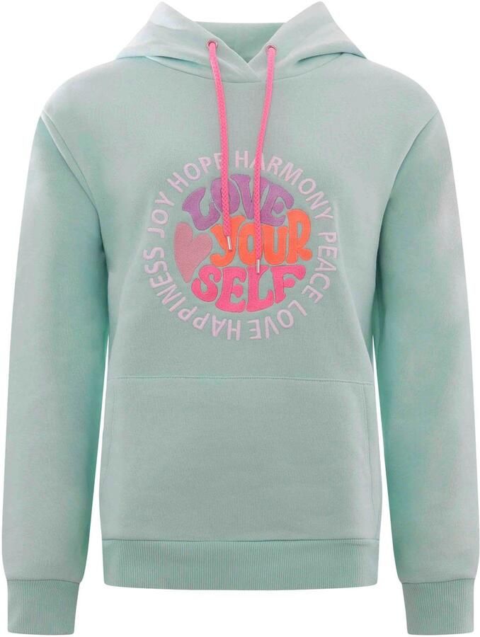 Zwillingsherz Sweatshirt in pastel met neonkleurige "love yourself" borduursel & roze koord - Foto 3