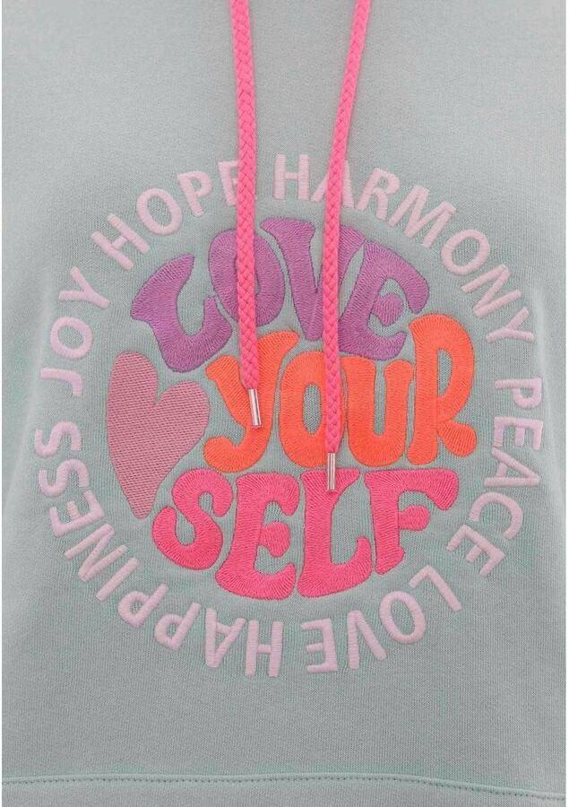 Zwillingsherz Sweatshirt in pastel met neonkleurige "love yourself" borduursel & roze koord - Foto 2