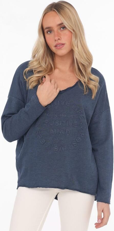 Zwillingsherz Sweatshirt Positive Mind uitgefranjerde v-hals used look lange mouw logo - Foto 3