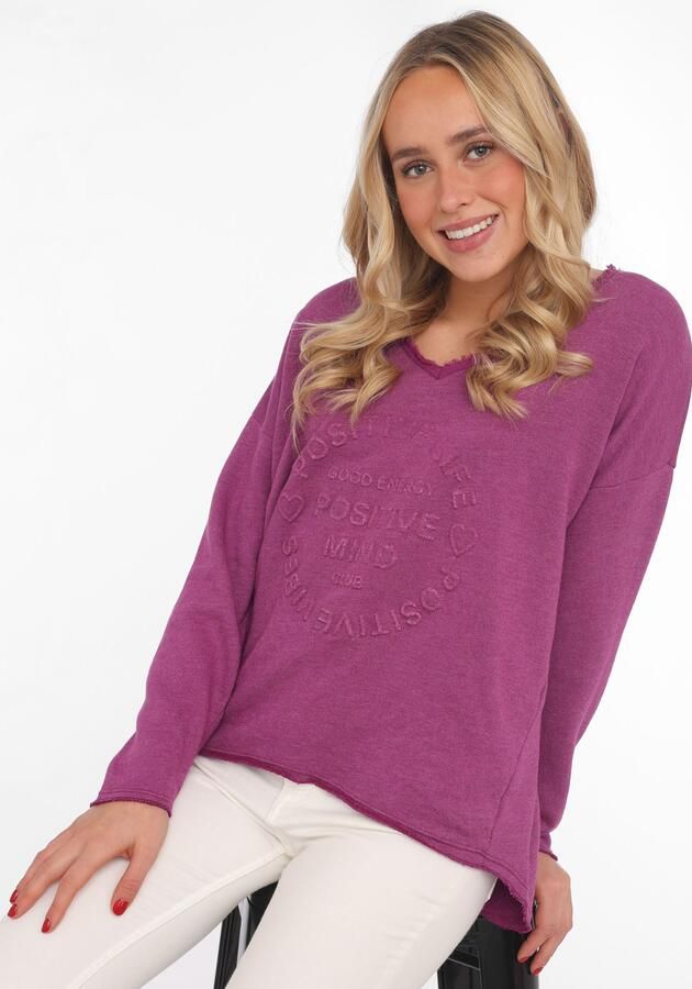 Zwillingsherz Sweatshirt Positive Mind uitgefranjerde v-hals used look lange mouw logo - Foto 5