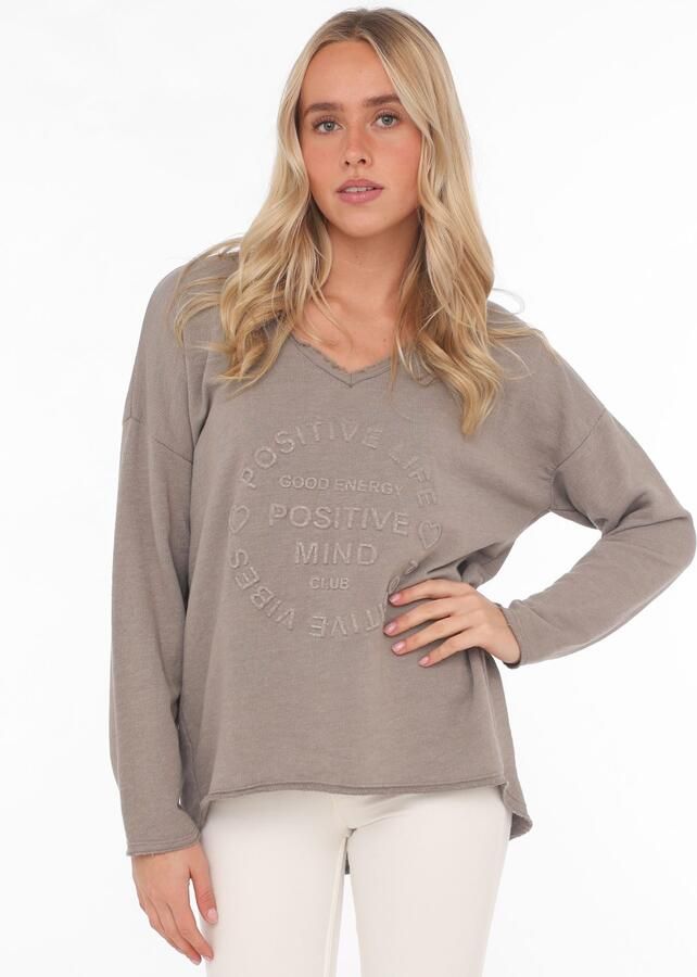 Zwillingsherz Sweatshirt Positive Mind uitgefranjerde v-hals used look lange mouw logo - Foto 3