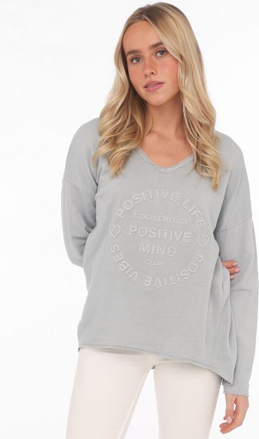 Zwillingsherz Sweatshirt Positive Mind uitgefranjerde v-hals used look lange mouw logo - Foto 3