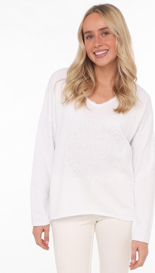 Zwillingsherz Sweatshirt Positive Mind uitgefranjerde v-hals used look lange mouw logo - Foto 6