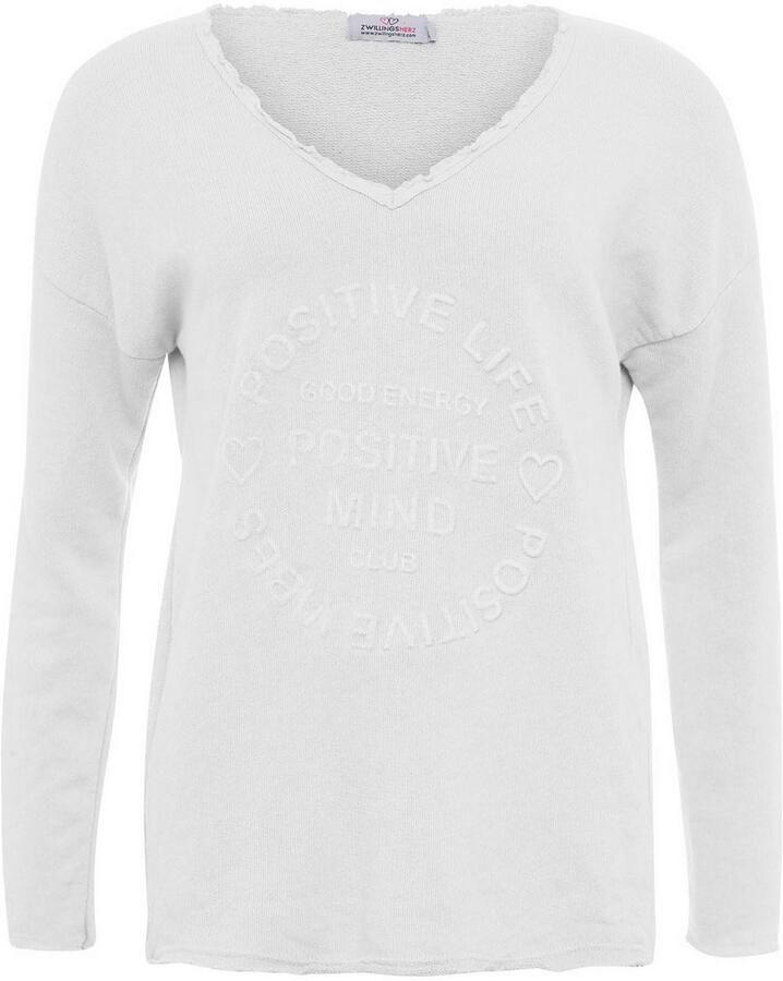 Zwillingsherz Sweatshirt Positive Mind uitgefranjerde v-hals used look lange mouw logo - Foto 2