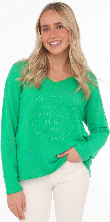 Zwillingsherz Sweatshirt Positive Mind uitgefranjerde v-hals used look lange mouw logo - Foto 4