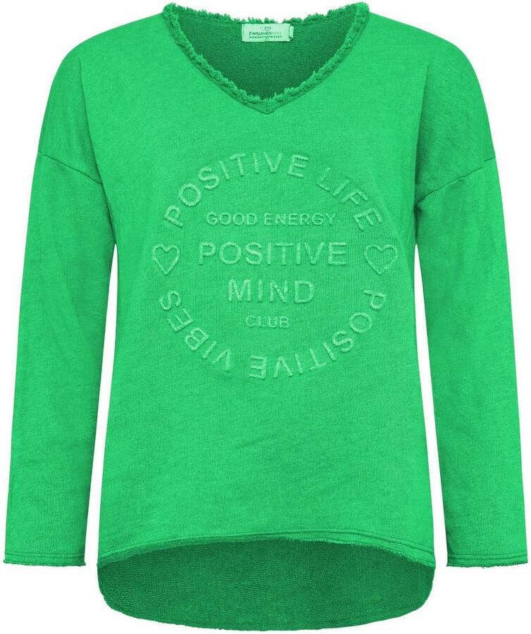 Zwillingsherz Sweatshirt Positive Mind uitgefranjerde v-hals used look lange mouw logo - Foto 2