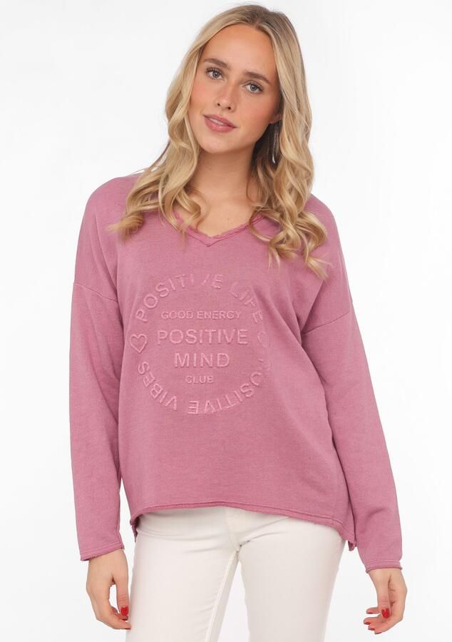 Zwillingsherz Sweatshirt Positive Mind uitgefranjerde v-hals used look lange mouw logo - Foto 3