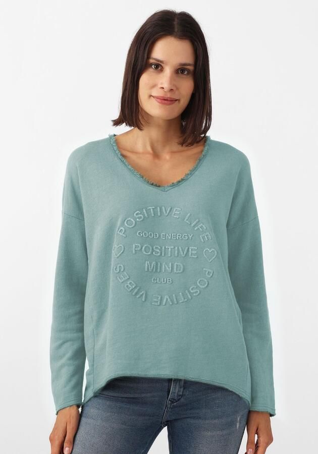 Zwillingsherz Sweatshirt Positive Mind uitgefranjerde v-hals used look lange mouw logo - Foto 6