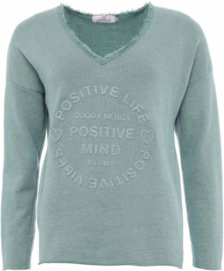 Zwillingsherz Sweatshirt Positive Mind uitgefranjerde v-hals used look lange mouw logo - Foto 2