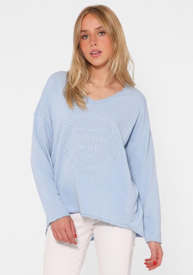 Zwillingsherz Sweatshirt Positive Mind uitgefranjerde v-hals used look lange mouw logo - Foto 4