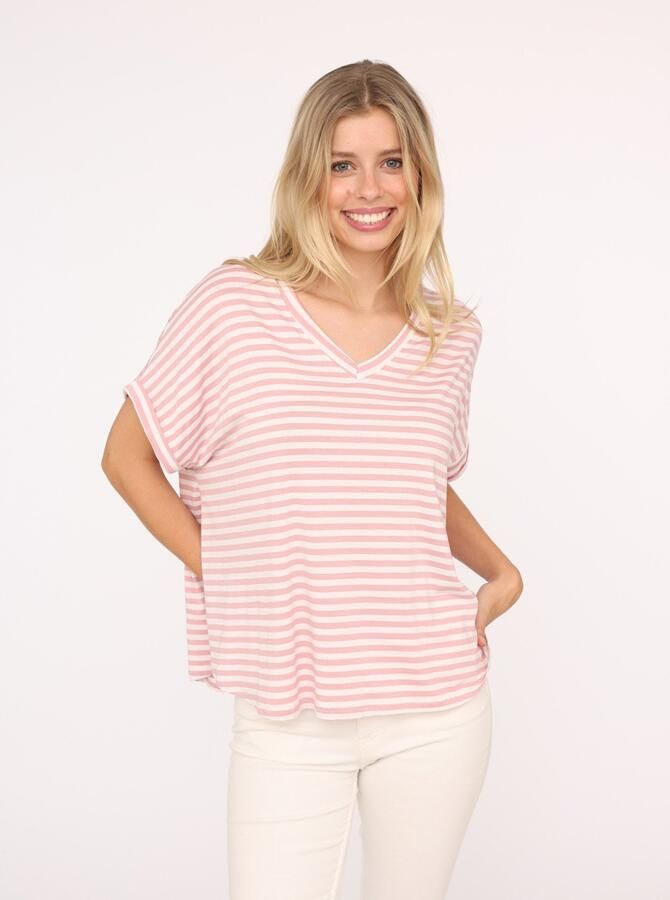 Zwillingsherz T-shirt Maritieme strepen One Size korte mouw V-hals gestreept loose fit - Foto 2