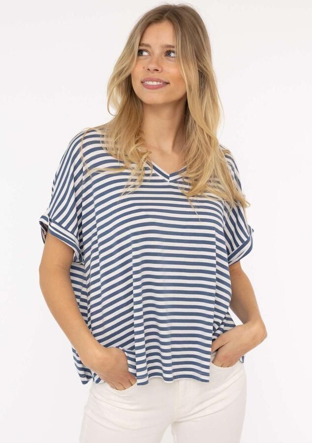 Zwillingsherz T-shirt Maritieme strepen One Size korte mouw V-hals gestreept loose fit