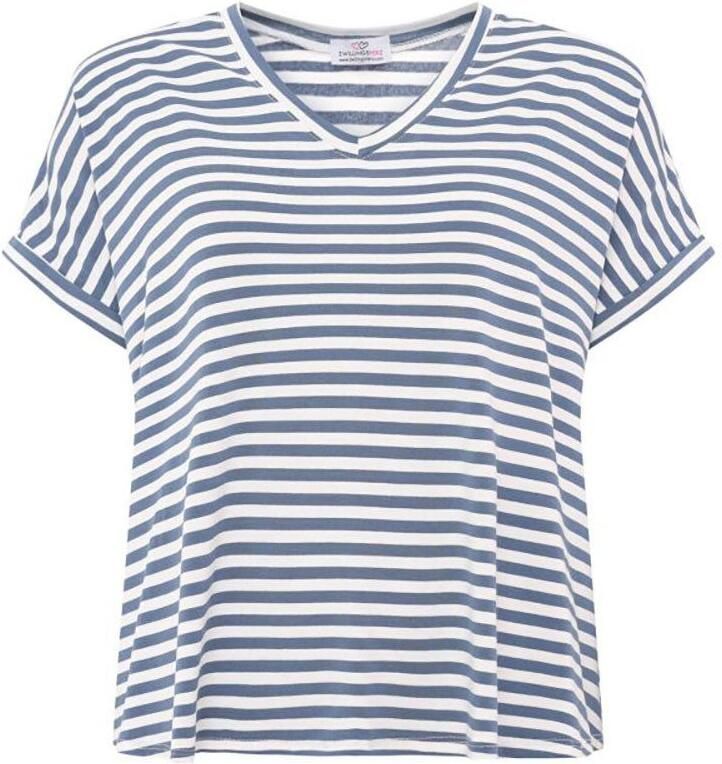 Zwillingsherz T-shirt Maritieme strepen One Size korte mouw V-hals gestreept loose fit - Foto 2