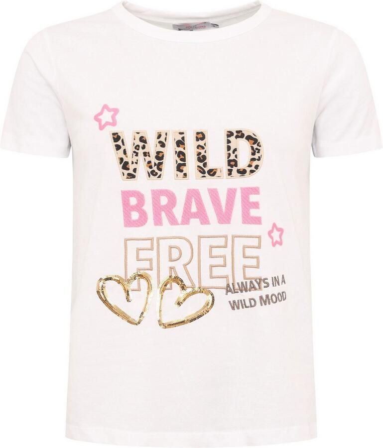 Zwillingsherz T-shirt Wild Brave Free Luipaard-patroon pailletten korte mouw ronde hals belettering