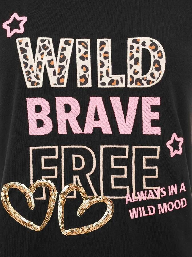 Zwillingsherz T-shirt Wild Brave Free Luipaard-patroon pailletten korte mouw ronde hals belettering