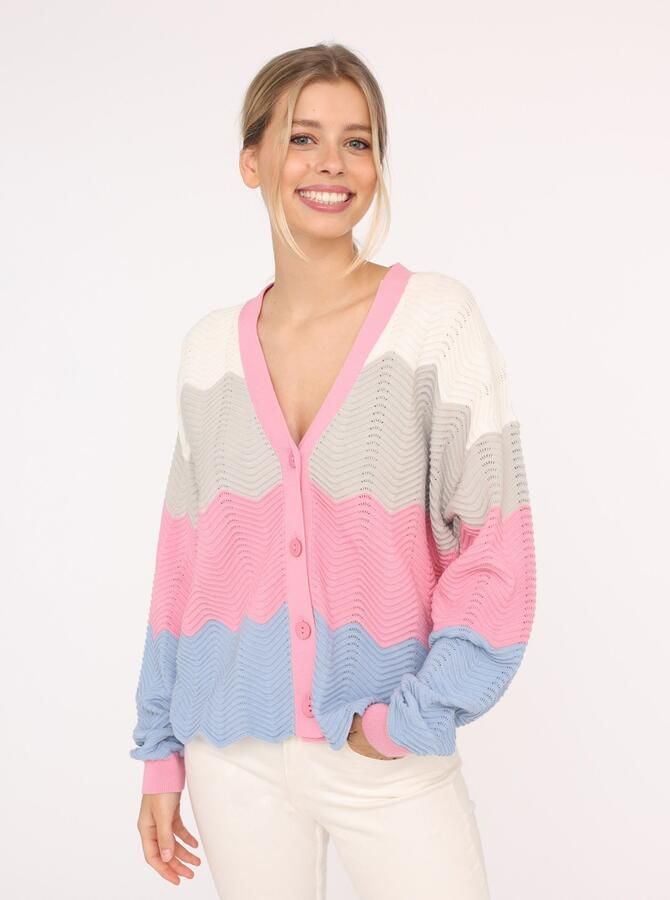 Zwillingsherz Vest Blok Golven Lange mouw V-hals knopen katoen golvende rand - Foto 2