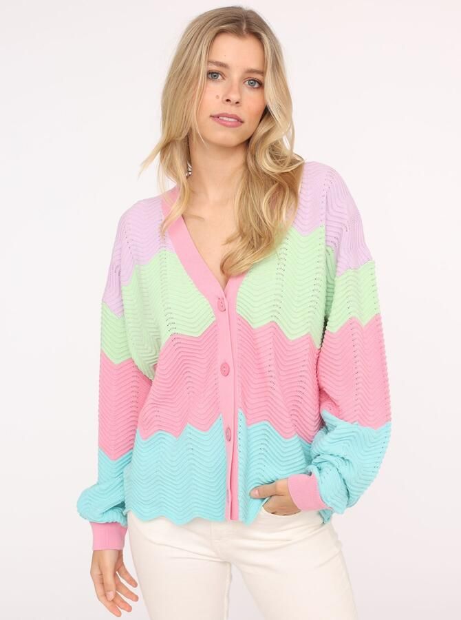 Zwillingsherz Vest Blok Golven Lange mouw V-hals knopen katoen golvende rand - Foto 3