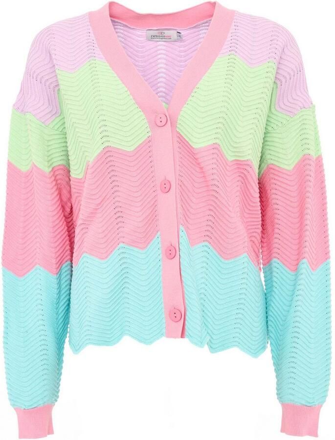 Zwillingsherz Vest Blok Golven Lange mouw V-hals knopen katoen golvende rand