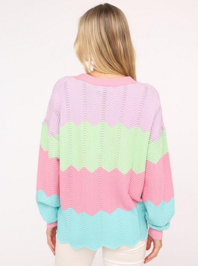 Zwillingsherz Vest Blok Golven Lange mouw V-hals knopen katoen golvende rand - Foto 2