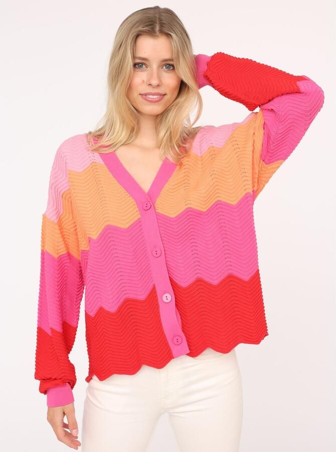 Zwillingsherz Vest Blok Golven Lange mouw V-hals knopen katoen golvende rand - Foto 3