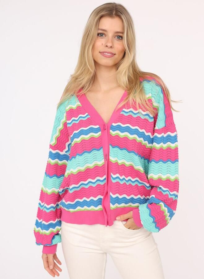 Zwillingsherz Vest Golven-patroon lange mouw V-hals katoen knopen - Foto 3