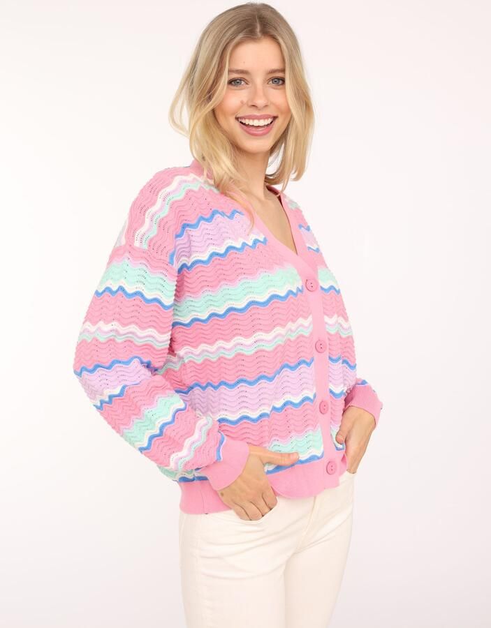 Zwillingsherz Vest Golven-patroon lange mouw V-hals katoen knopen - Foto 2