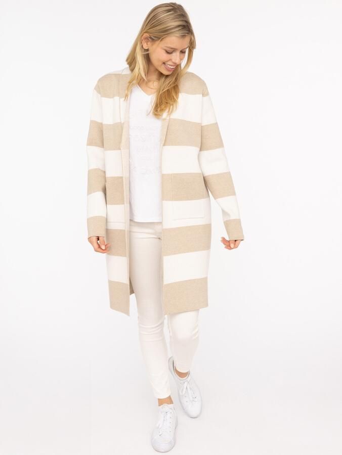 Zwillingsherz Vest Sjaalkraag lange mouw zakken knielang bokstreep - Foto 5