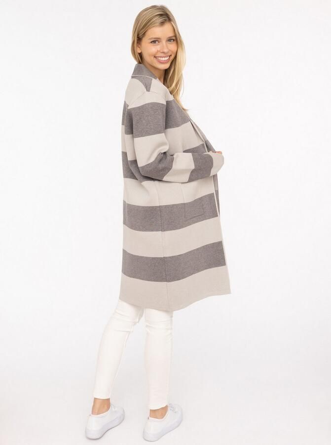 Zwillingsherz Vest Sjaalkraag lange mouw zakken knielang bokstreep