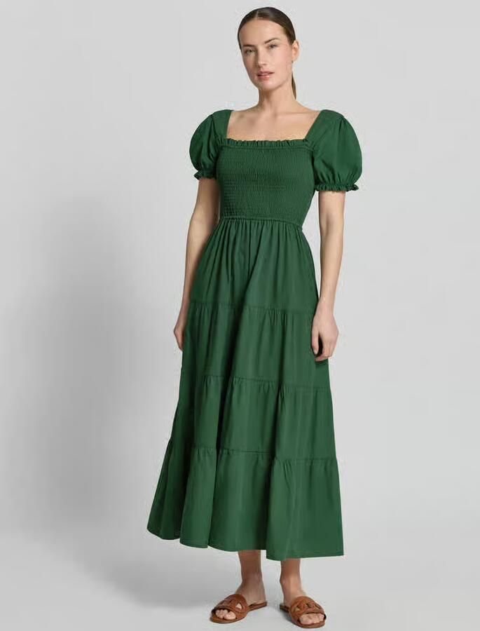 Apricot maxi-jurk met smokdetail en vierkante hals - Foto 3