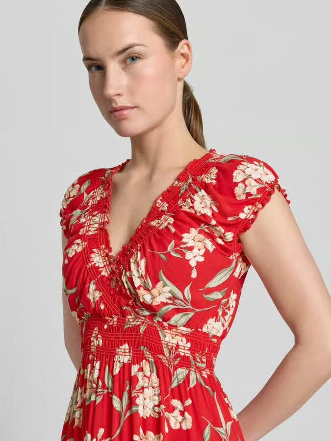 Apricot maxi-jurk van viscose met v-hals en smokdetails - Foto 2